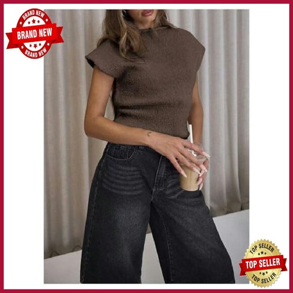 Fuzzy Knit Pullover Sweater Cap Sleeve Crew Neck Fall Casual Tops - Picture 5 of 6